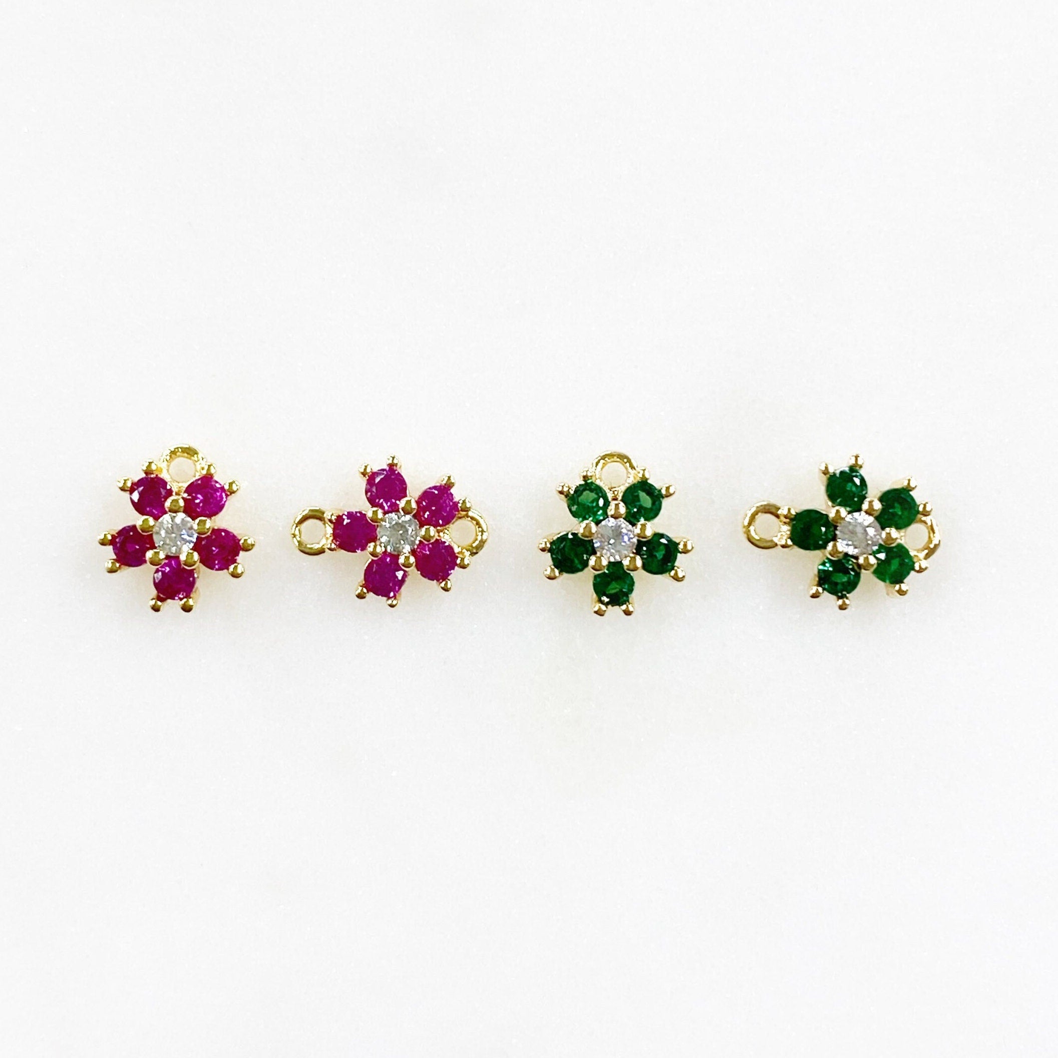 Gold Plated Tiny Cubic Zirconia Pavé Green or Ruby Flower Charm