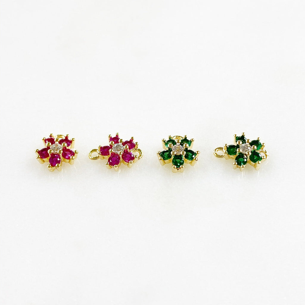 Gold Plated Tiny Cubic Zirconia Pavé Green or Ruby Flower Charm