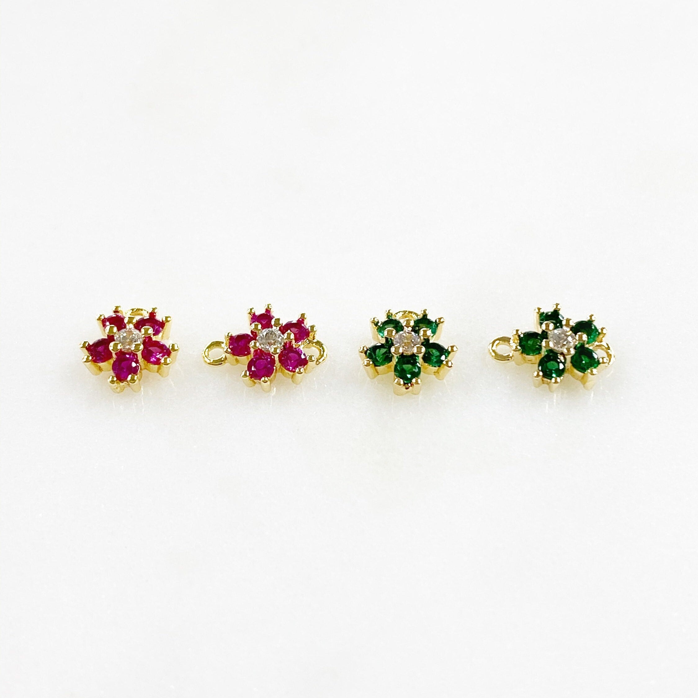 Gold Plated Tiny Cubic Zirconia Pavé Green or Ruby Flower Charm