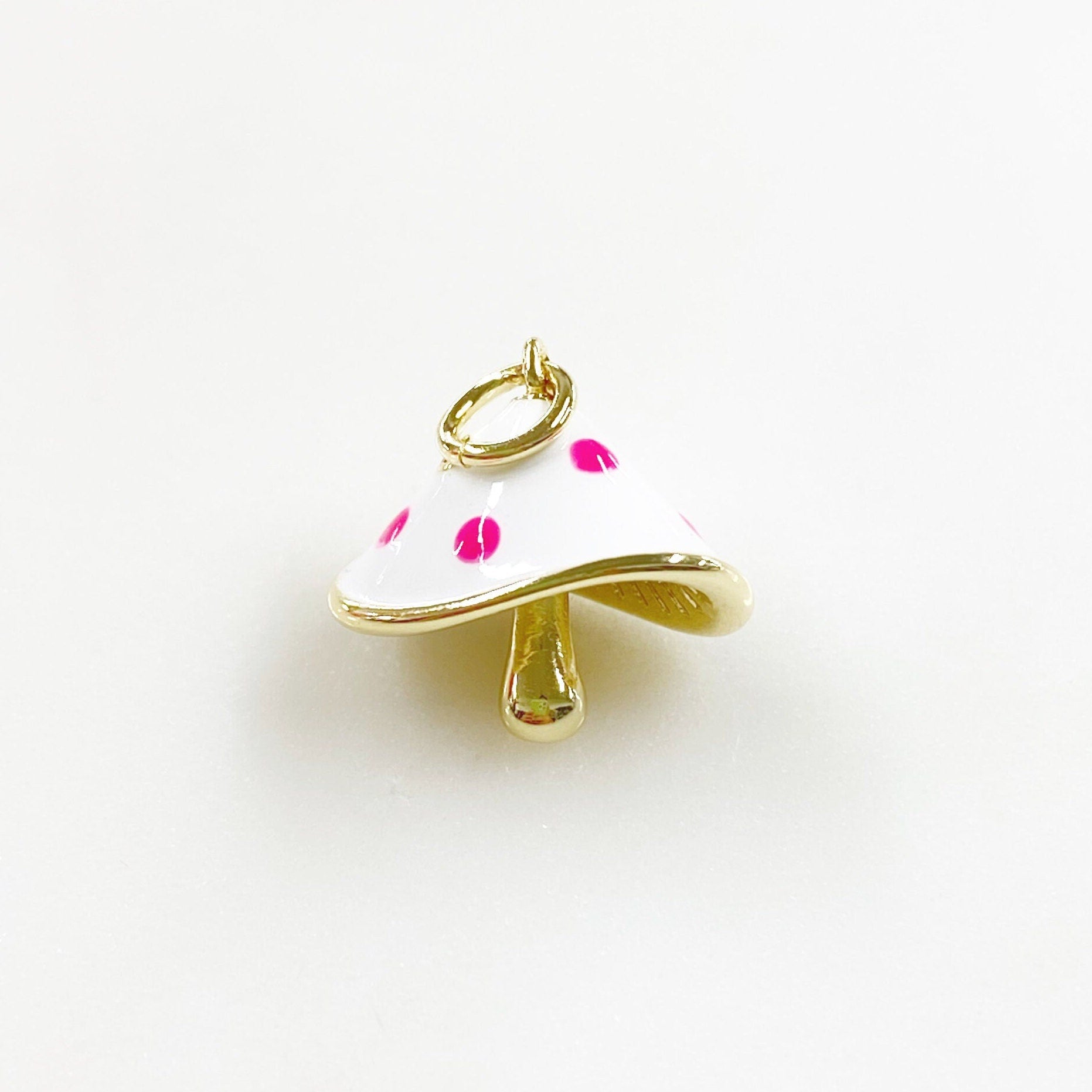 Gold Plated Polka Dot Mushroom Charm Enamel Mushroom White and Pink