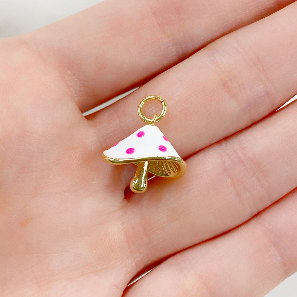 Gold Plated Polka Dot Mushroom Charm Enamel Mushroom White and Pink