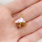 Gold Plated Polka Dot Mushroom Charm Enamel Mushroom White and Pink