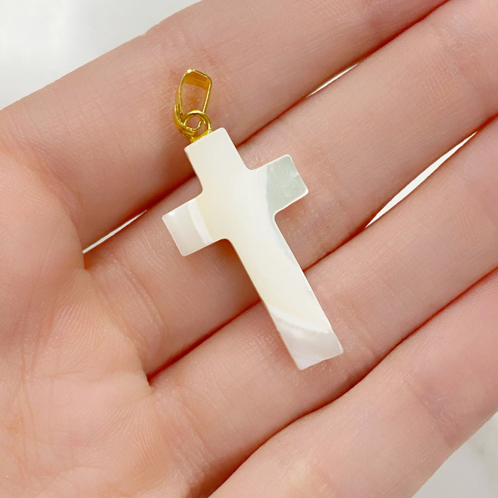 Gold Plated Mother of Pearl Cross Charm Religious Pearl Charm