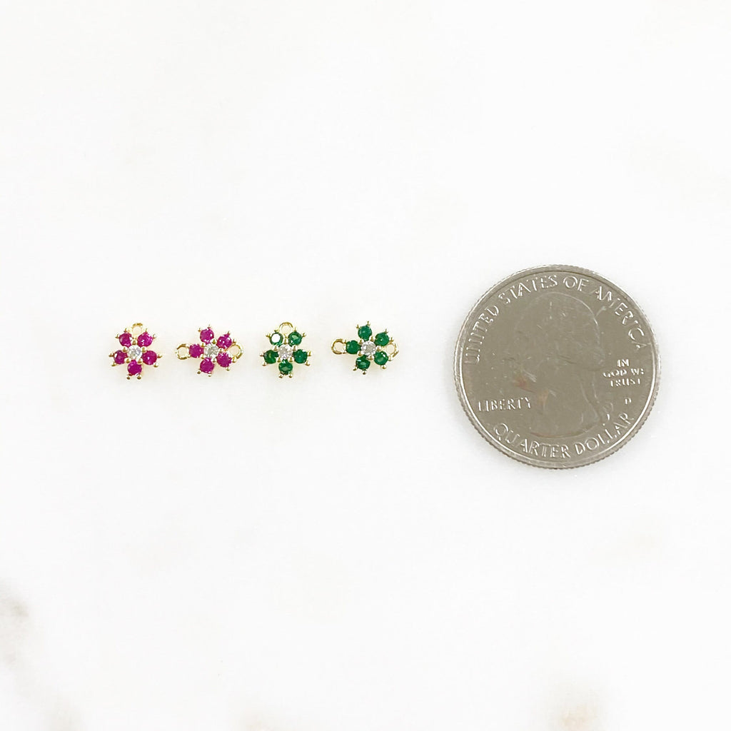 Gold Plated Tiny Cubic Zirconia Pavé Green or Ruby Flower Charm