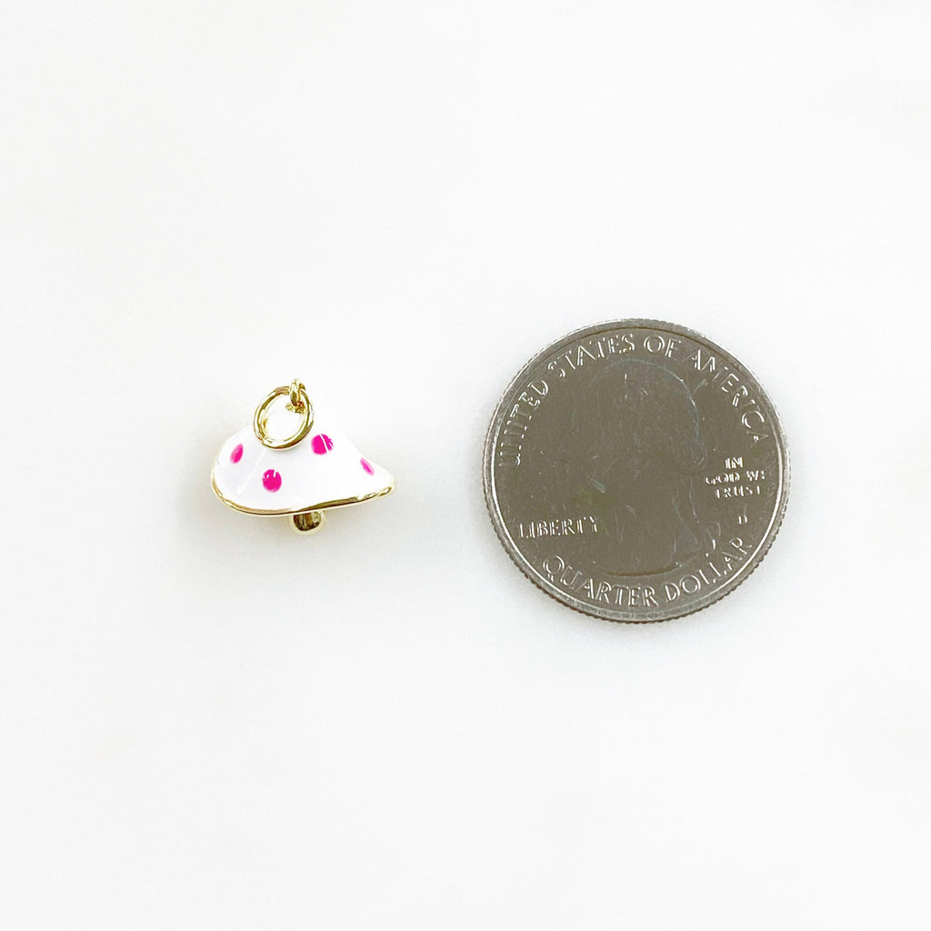 Gold Plated Polka Dot Mushroom Charm Enamel Mushroom White and Pink