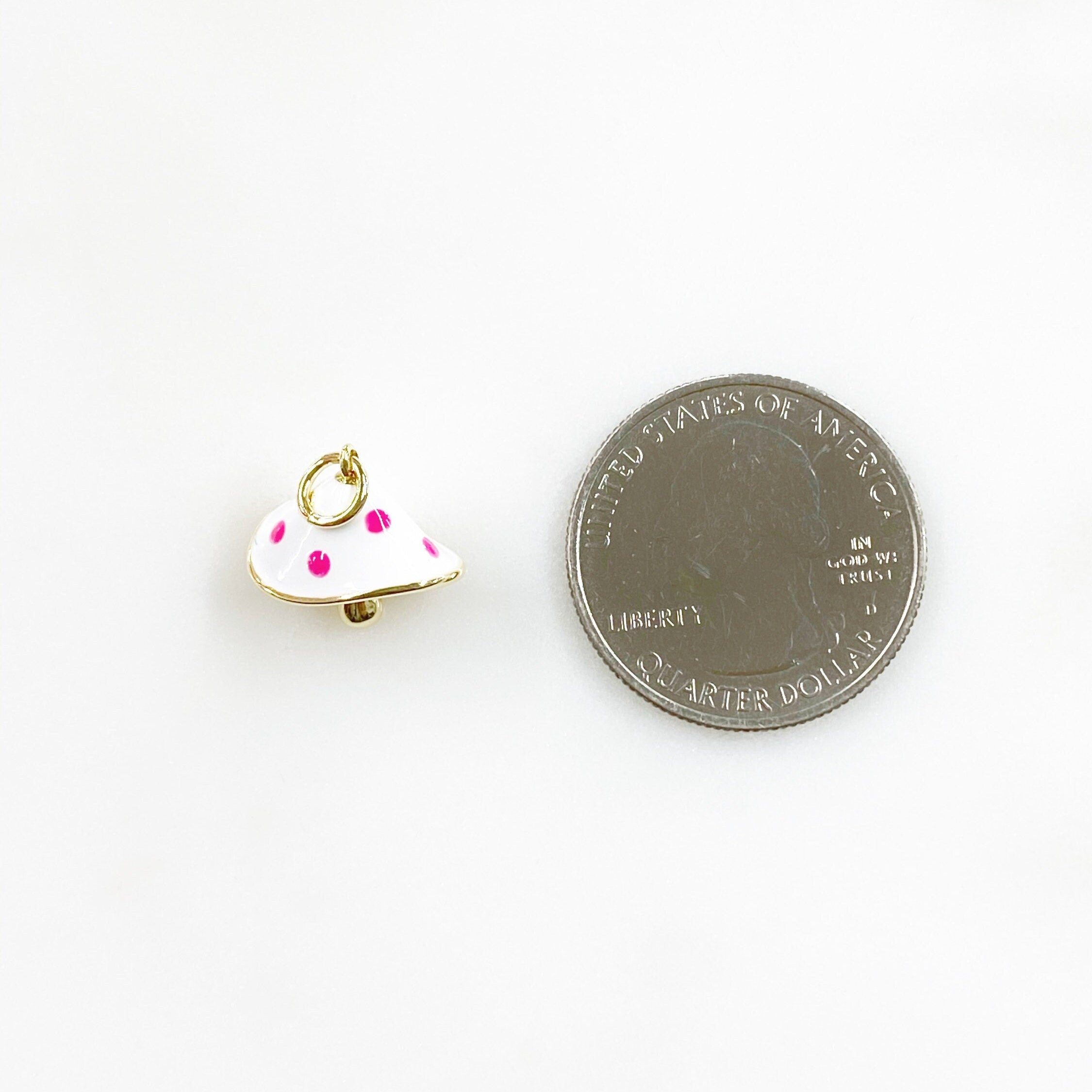 Gold Plated Polka Dot Mushroom Charm Enamel Mushroom White and Pink