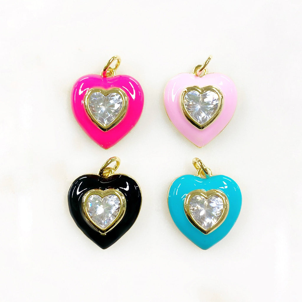 Gold Plated Heart Charm Enamel Charm with Large CZ Center Stone