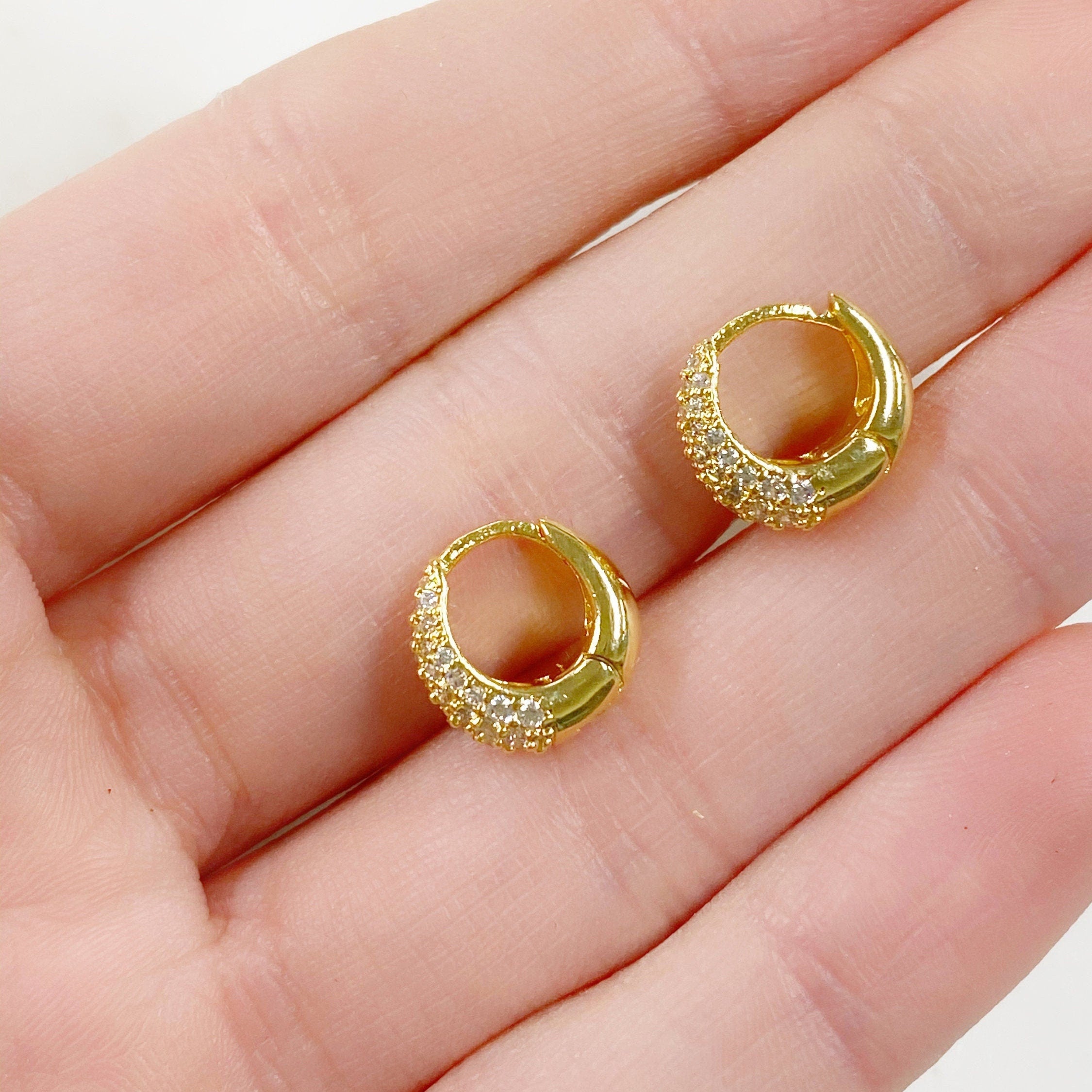 9mmx10mm Gold Plated Cubic Zirconia Huggie Hoops Earring Findings (2pc)