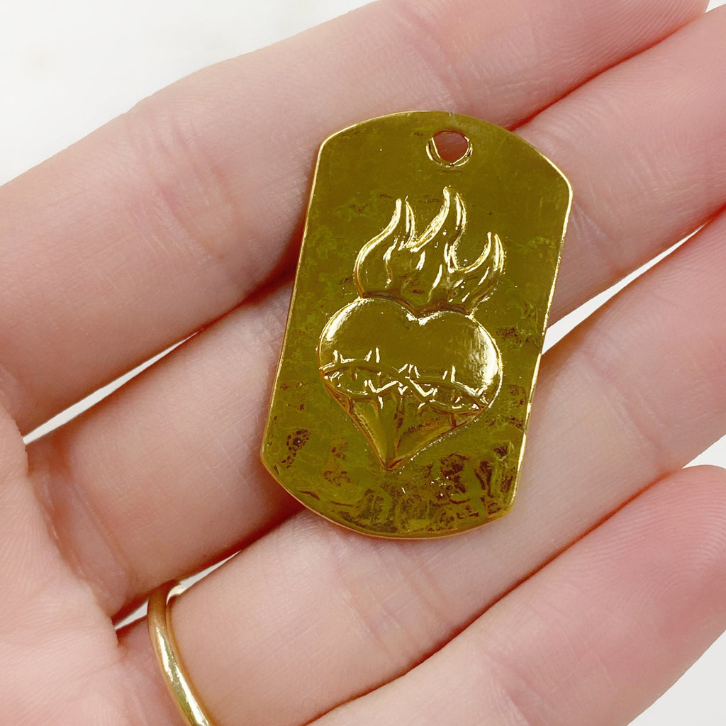 31mmx19mm Vermeil Flaming Heart Dog Tag Charm Hammered Heart Charm Love