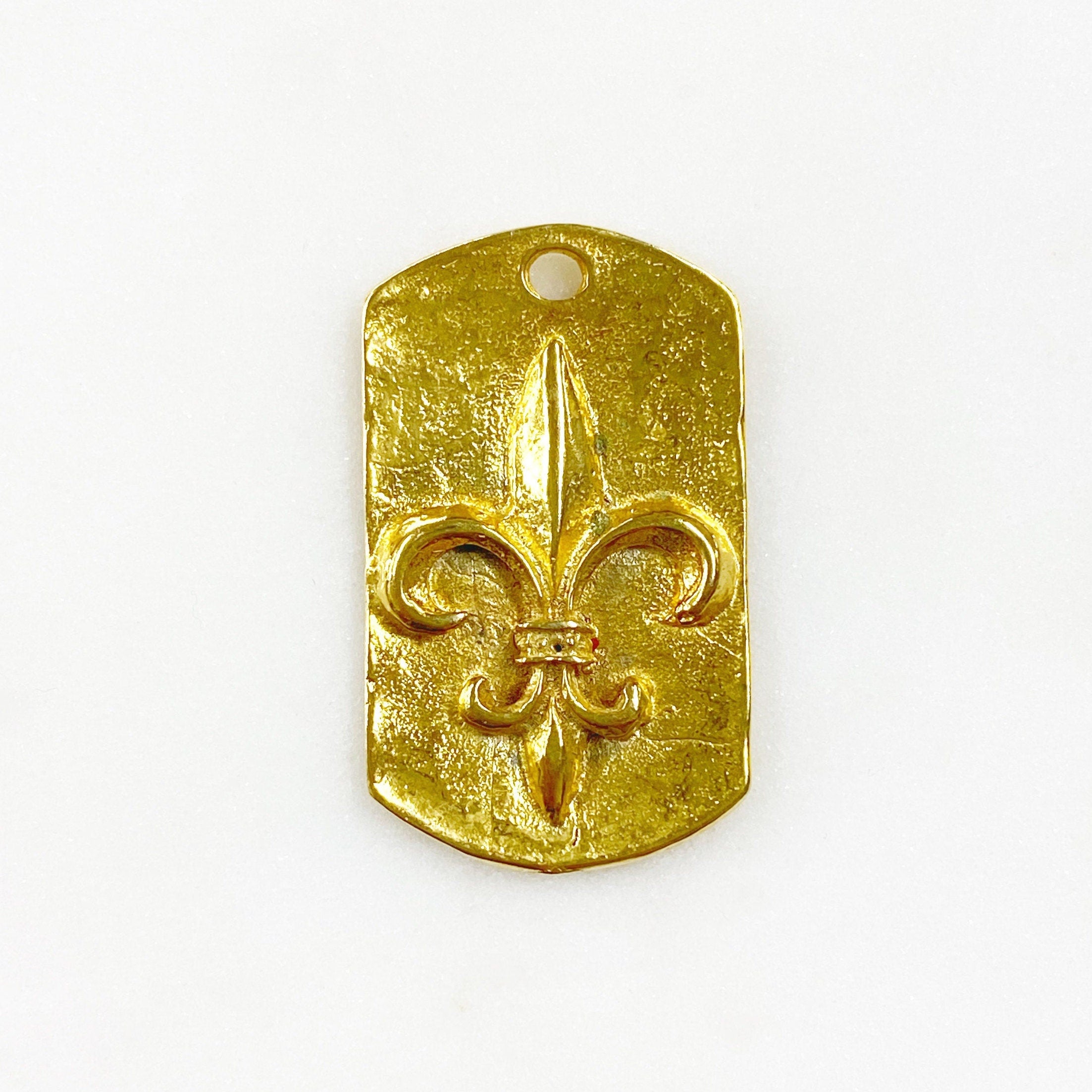 31mmx19mm Vermeil Fleur De Lis Dog Tag Charm Gold Classic Decorative