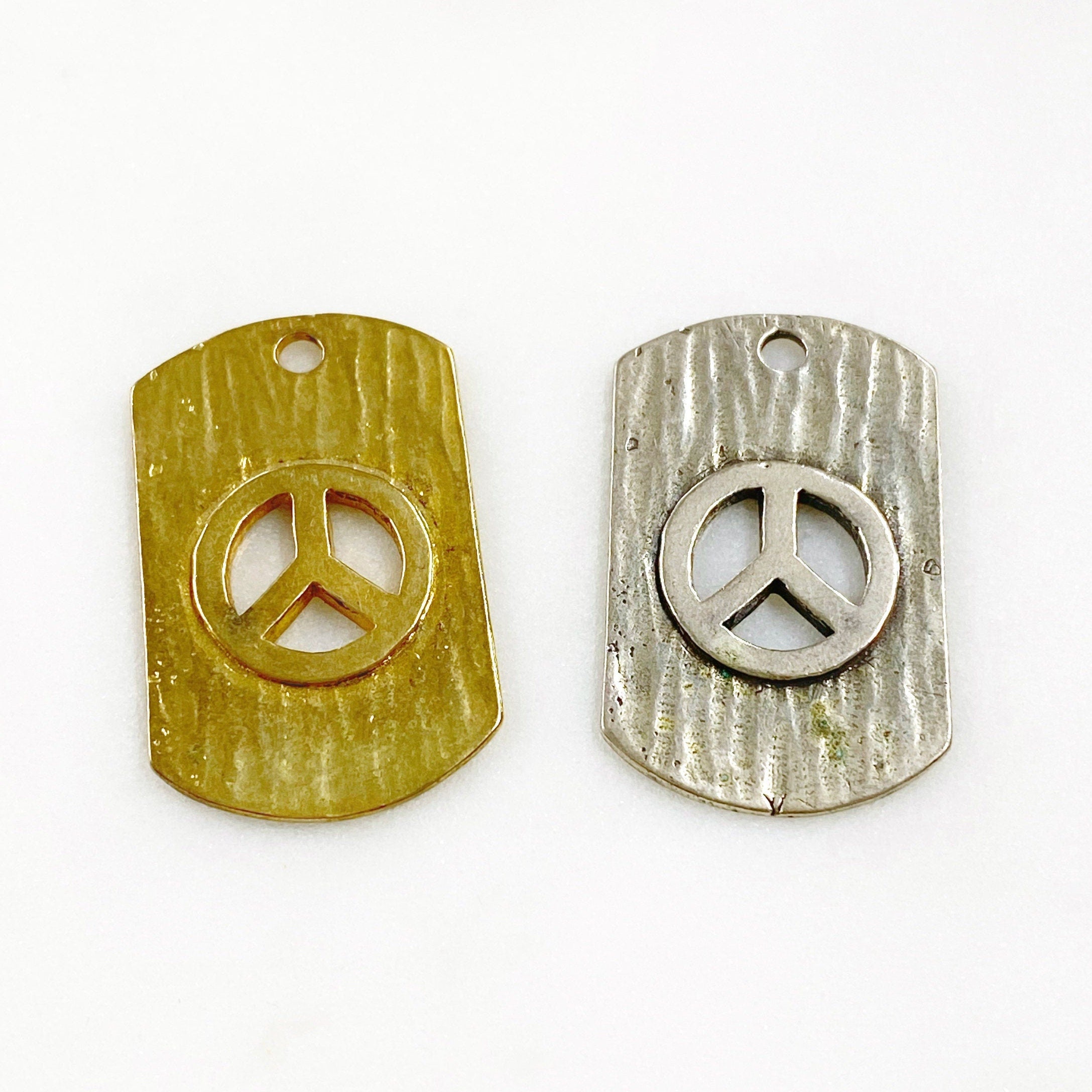 Sterling Silver or Vermeil or Peace Sign Cut Out Textured Dog Tag Charm Hippie