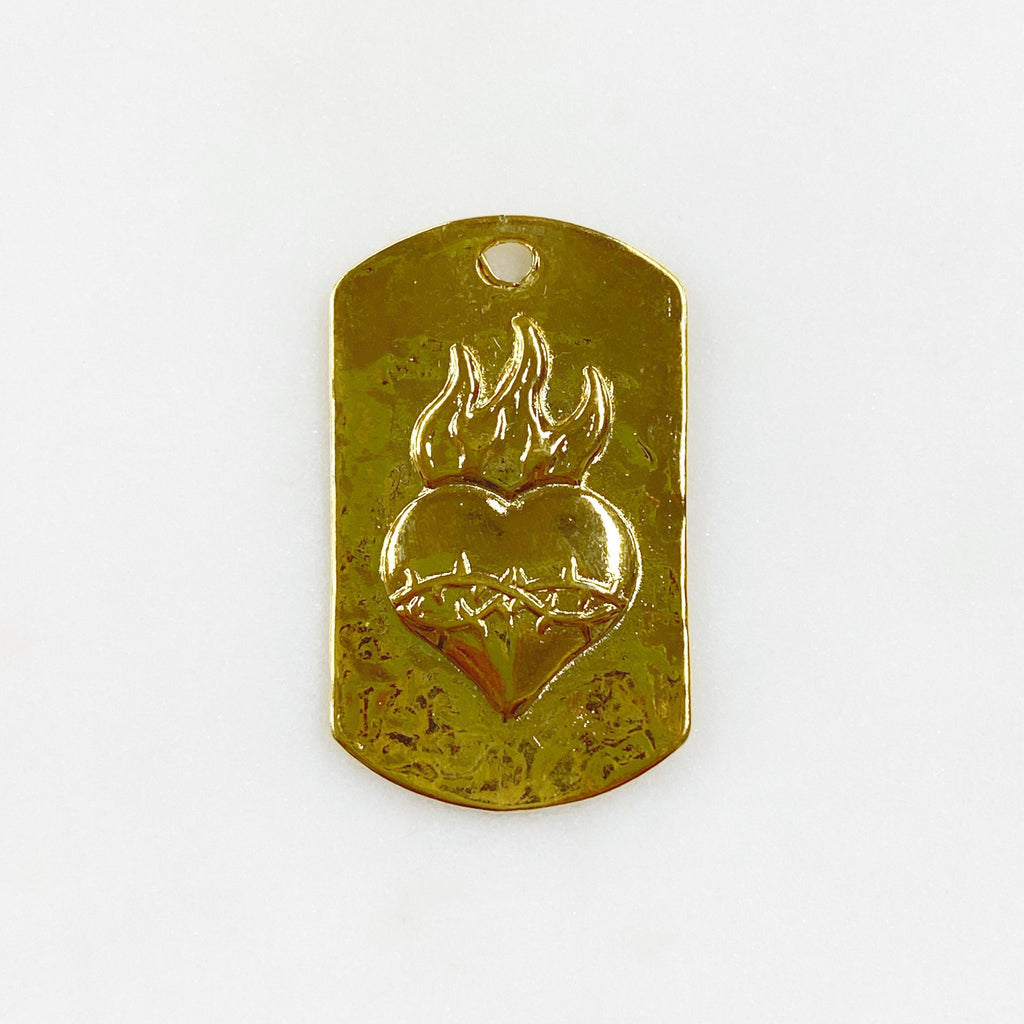 31mmx19mm Vermeil Flaming Heart Dog Tag Charm Hammered Heart Charm Love