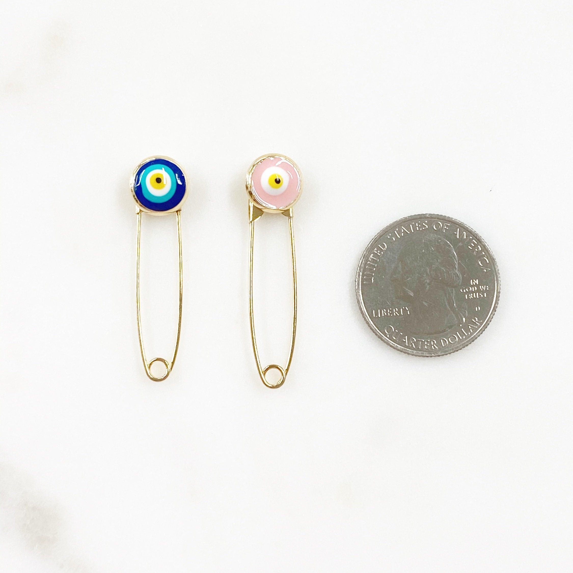28mmx8mm Gold Plated Evil Eye Safety Pin Pink or Blue Safety Pin