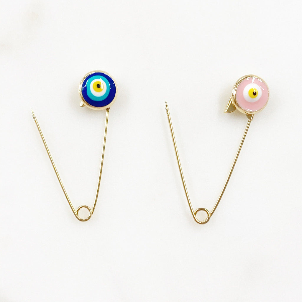 28mmx8mm Gold Plated Evil Eye Safety Pin Pink or Blue Safety Pin