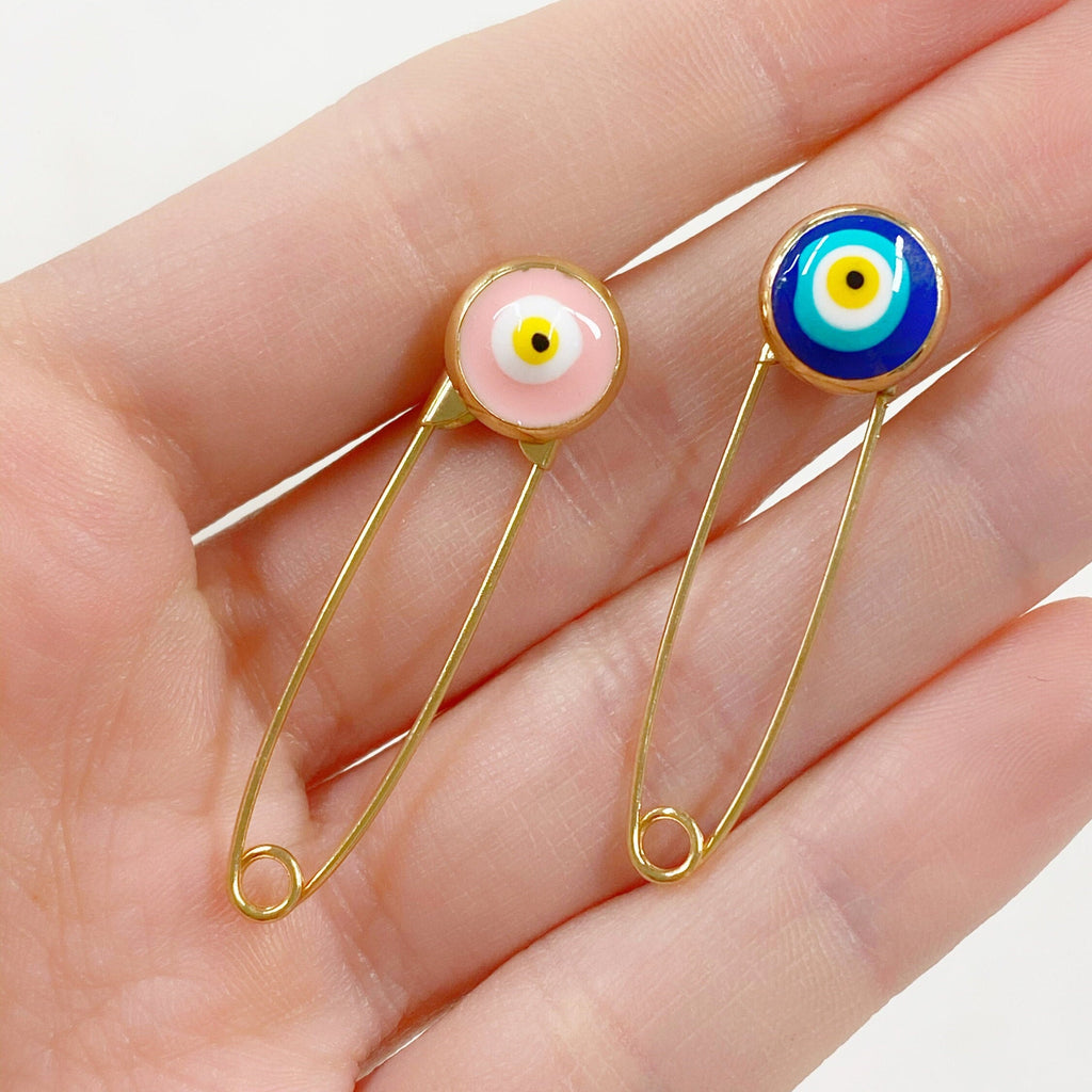 28mmx8mm Gold Plated Evil Eye Safety Pin Pink or Blue Safety Pin