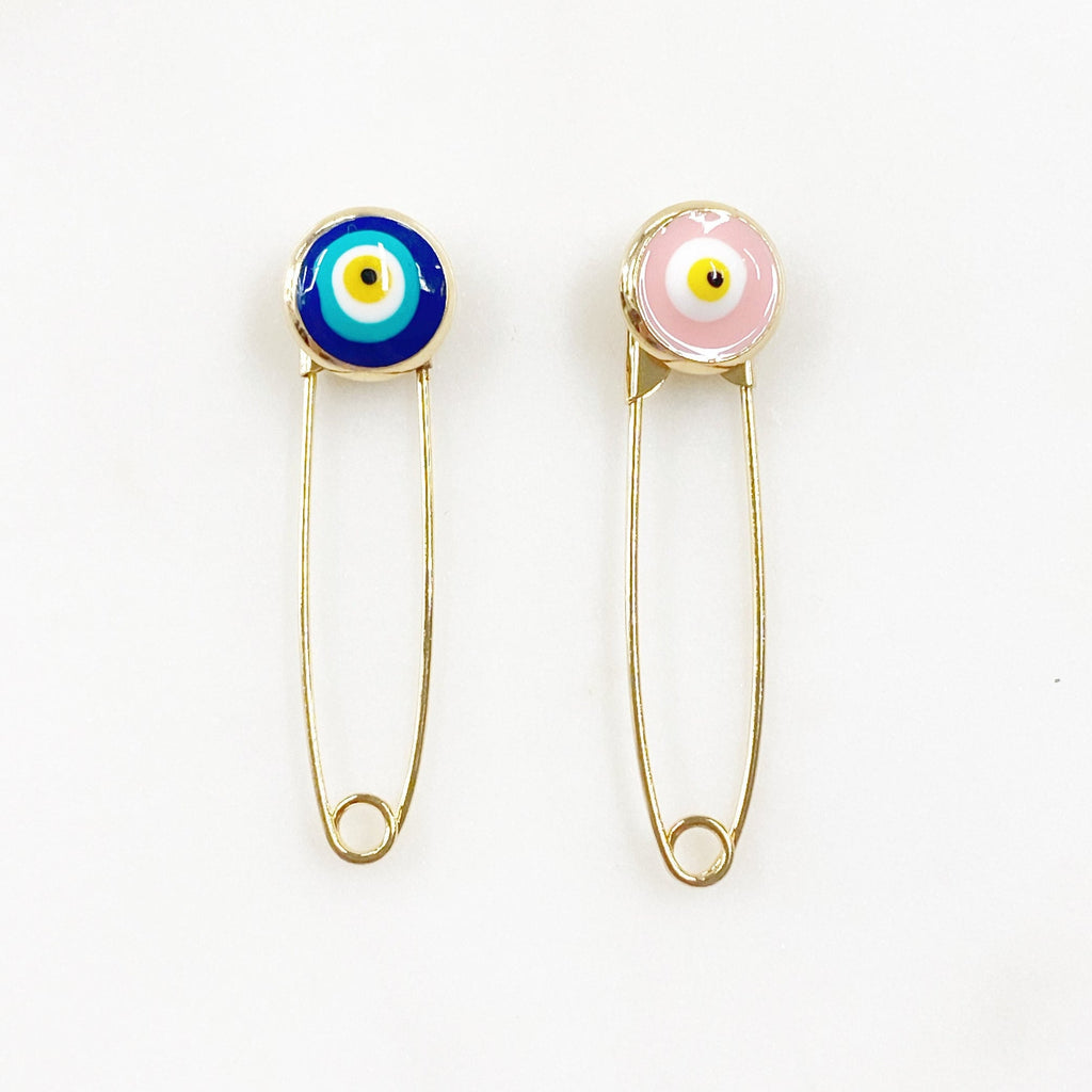 28mmx8mm Gold Plated Evil Eye Safety Pin Pink or Blue Safety Pin