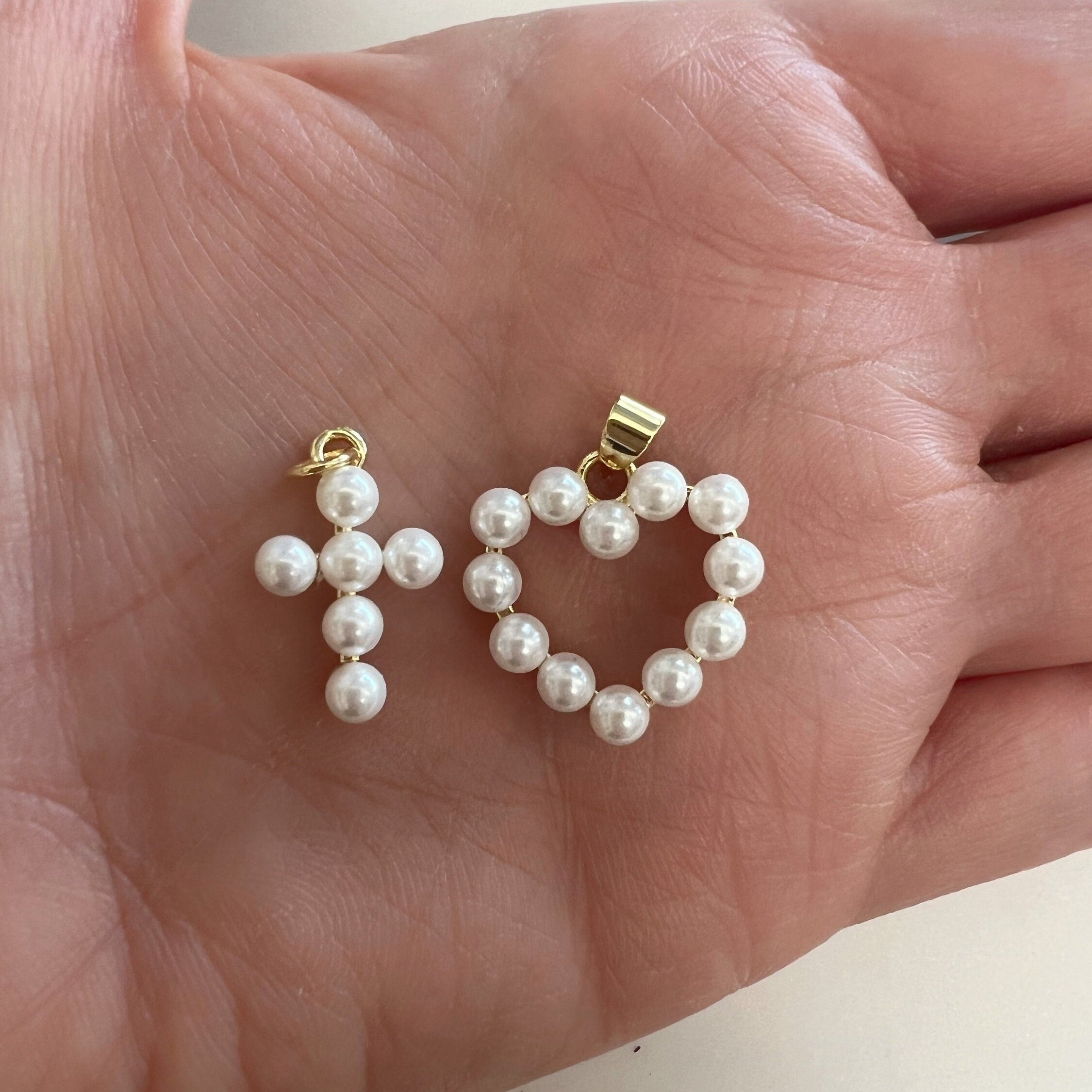 Gold Plated Acrylic Pearl Cross or Heart Pendant Choose Your Style