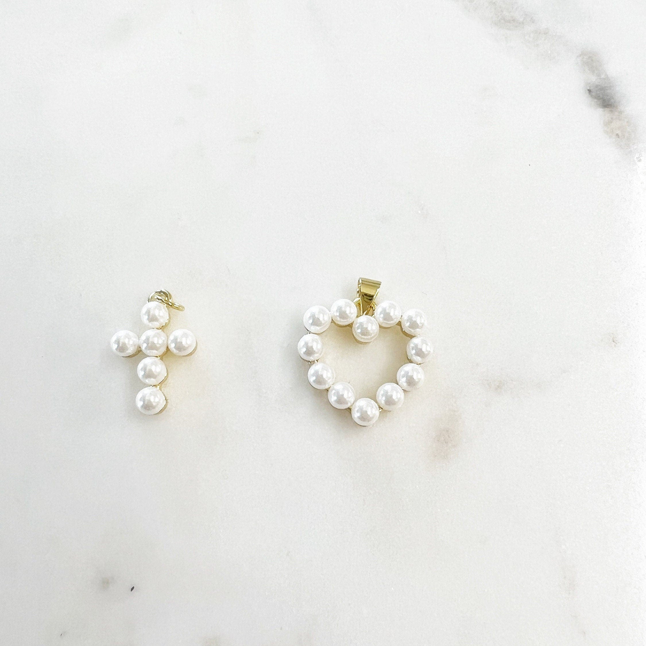 Gold Plated Acrylic Pearl Cross or Heart Pendant Choose Your Style