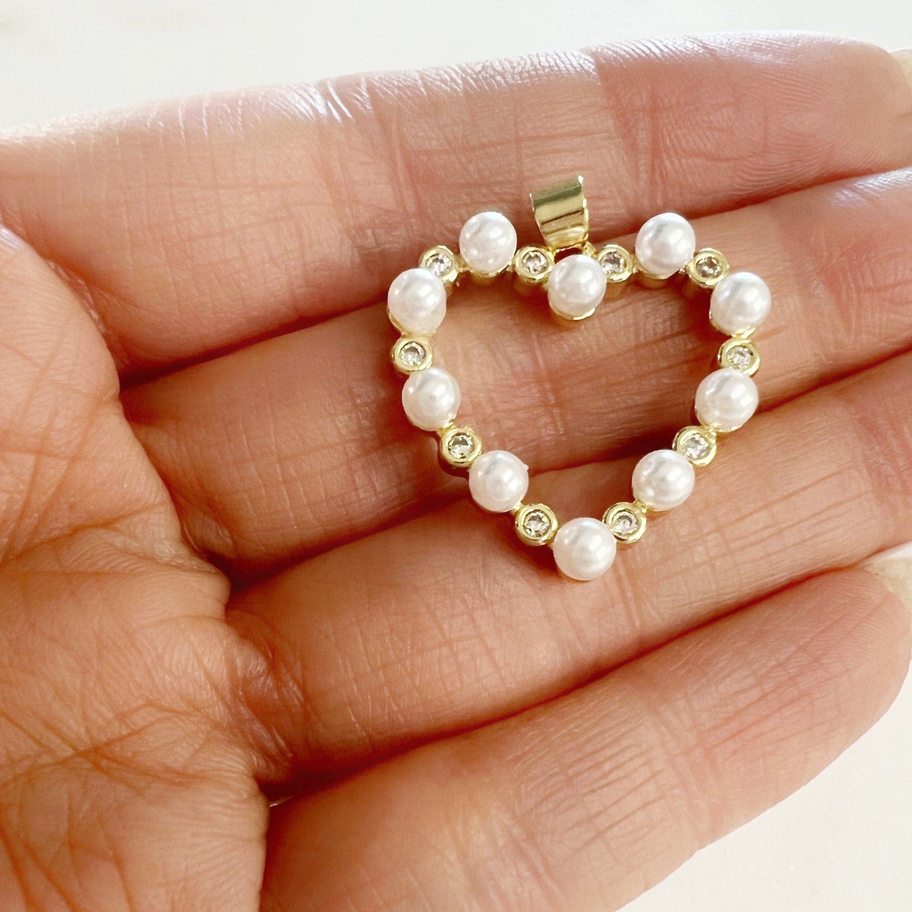 Gold Plated Cubic Zirconia Pave Acrylic Pearl Open Heart Pendant