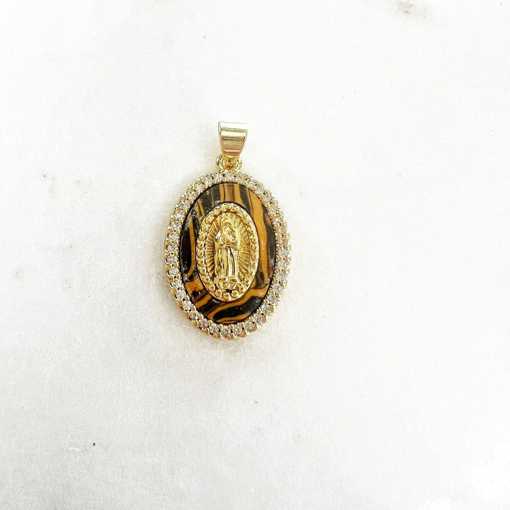 Gold Plated Detailed Mother Mary Faux Tigers Eye Cubic Zirconia