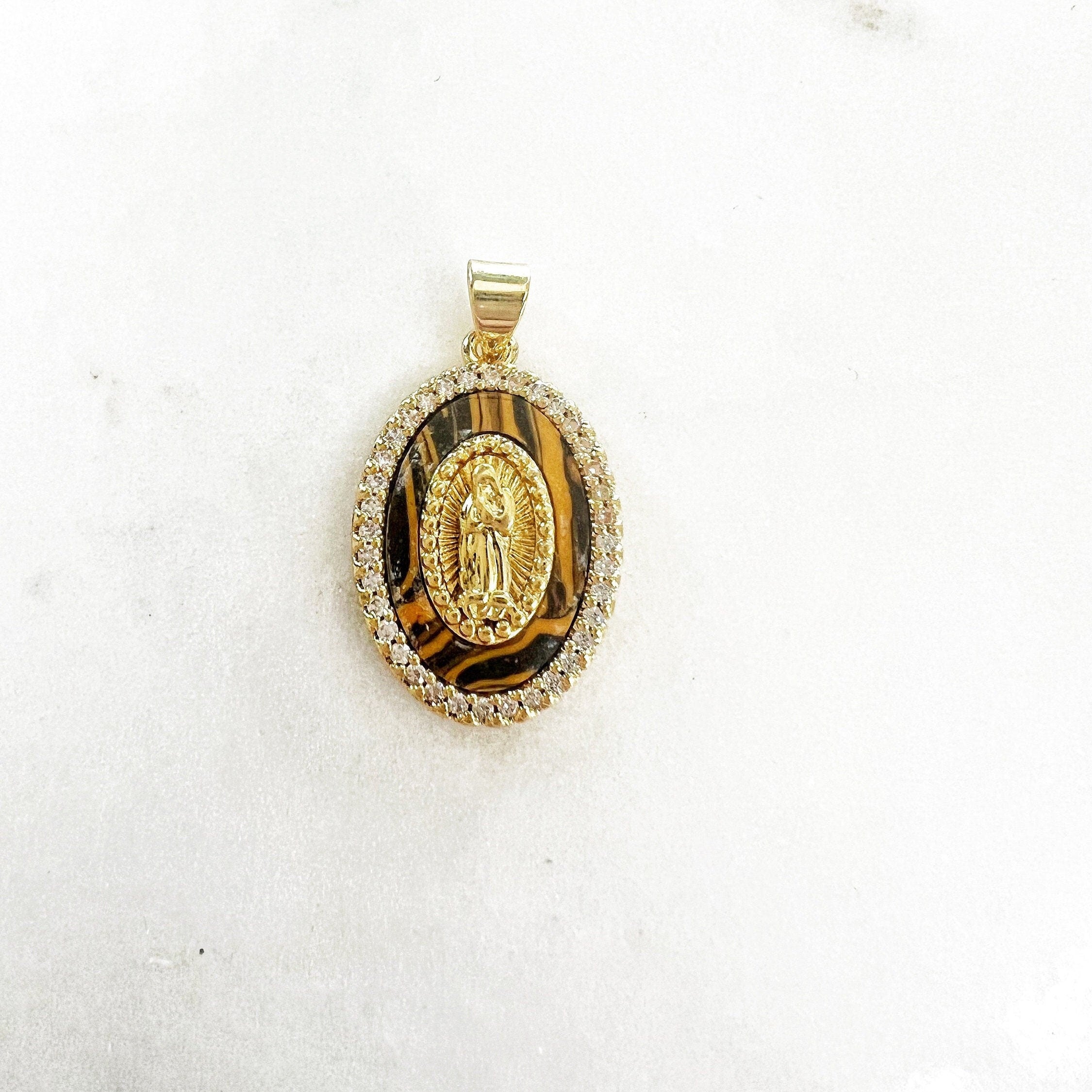 Gold Plated Detailed Mother Mary Faux Tigers Eye Cubic Zirconia