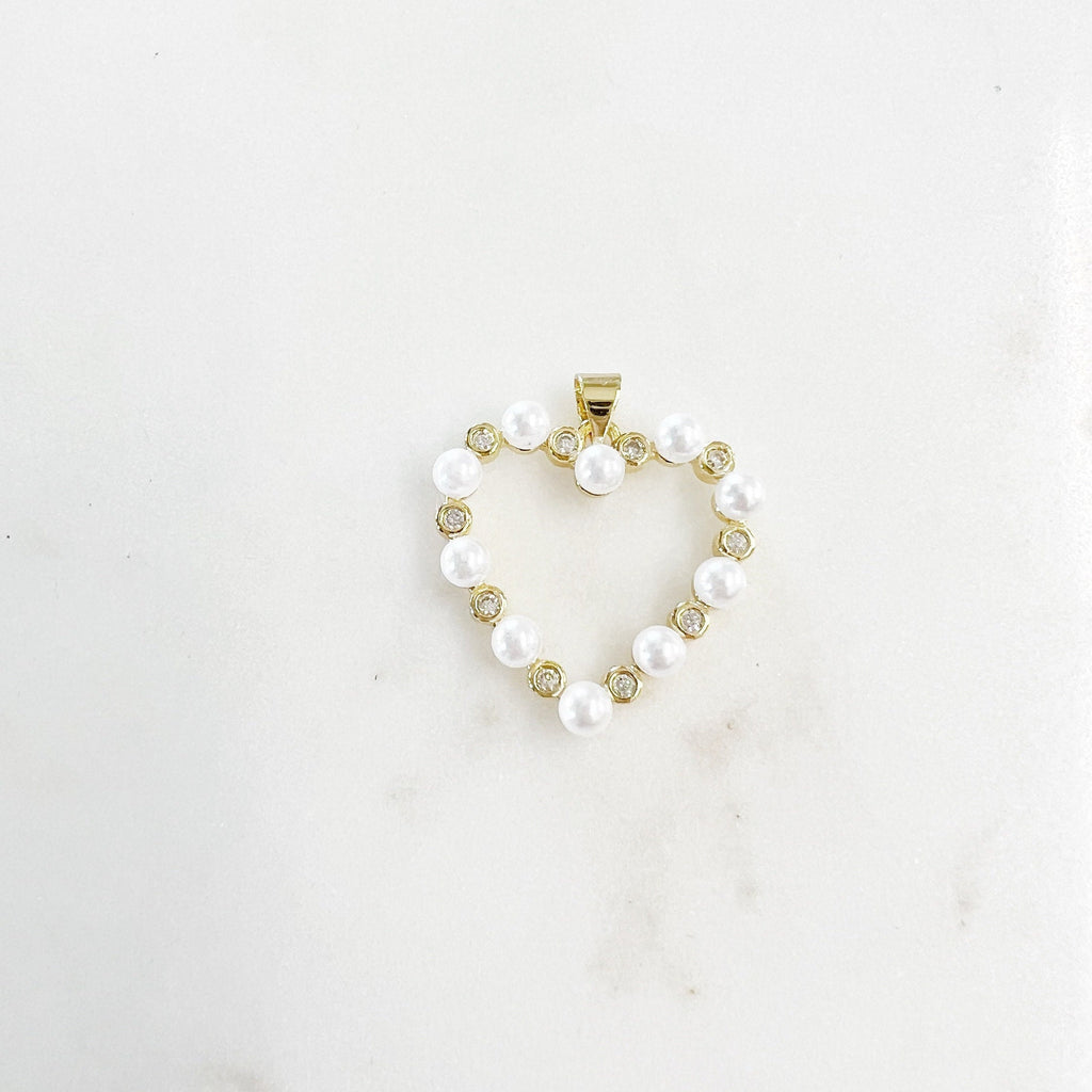 Gold Plated Cubic Zirconia Pave Acrylic Pearl Open Heart Pendant