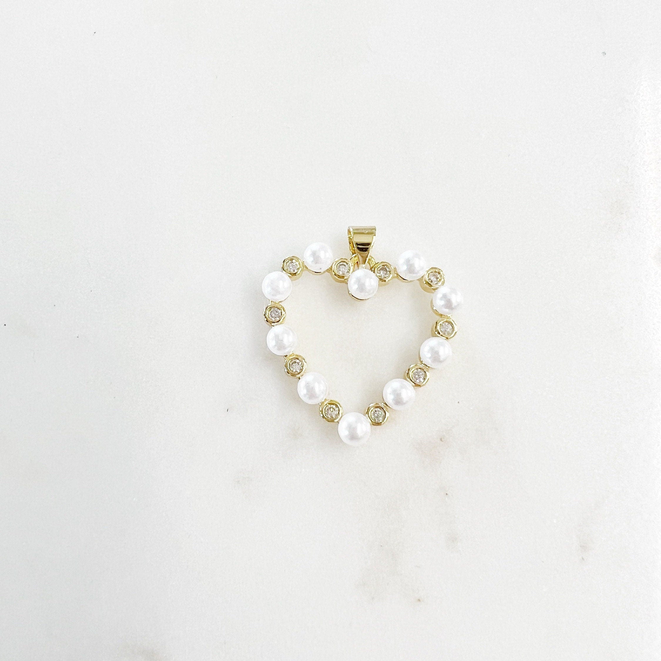 Gold Plated Cubic Zirconia Pave Acrylic Pearl Open Heart Pendant