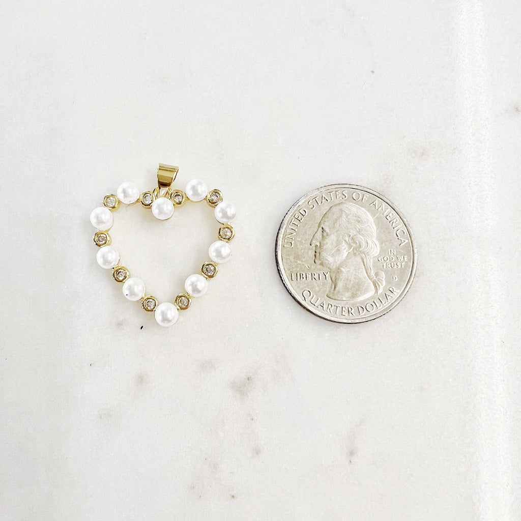 Gold Plated Cubic Zirconia Pave Acrylic Pearl Open Heart Pendant