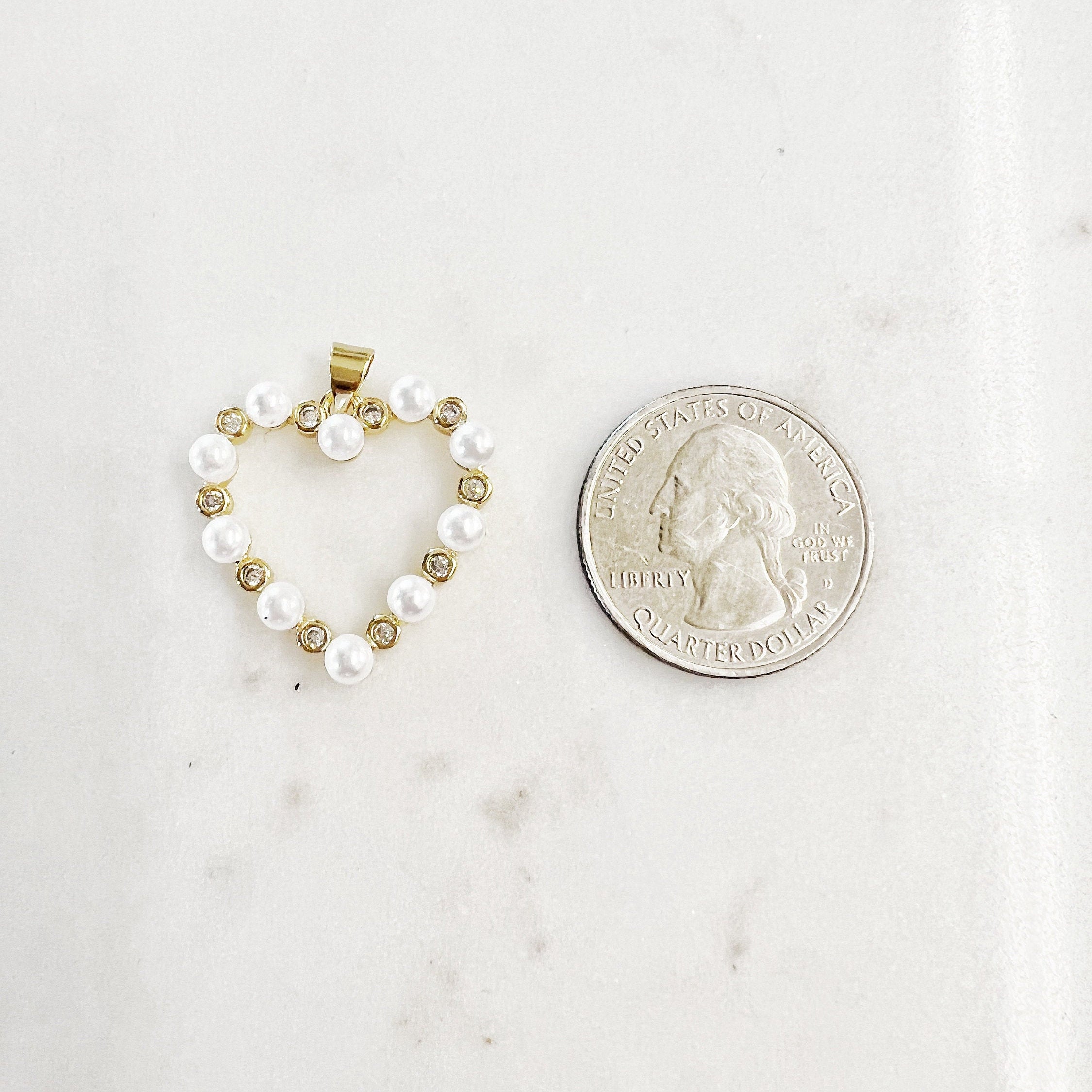Gold Plated Cubic Zirconia Pave Acrylic Pearl Open Heart Pendant