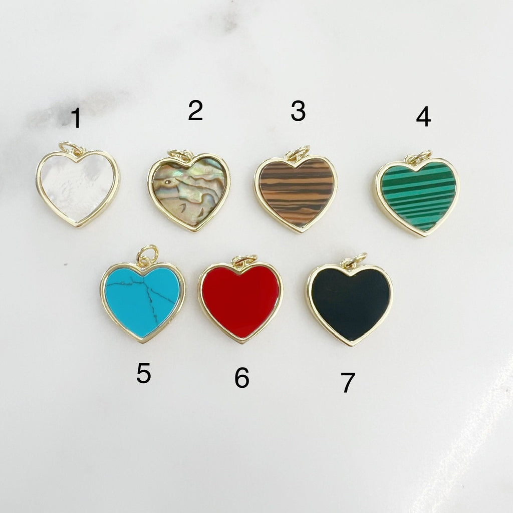 Gold Plated Heart Charm Mother of Pearl Abalone Faux Tiger's Eye