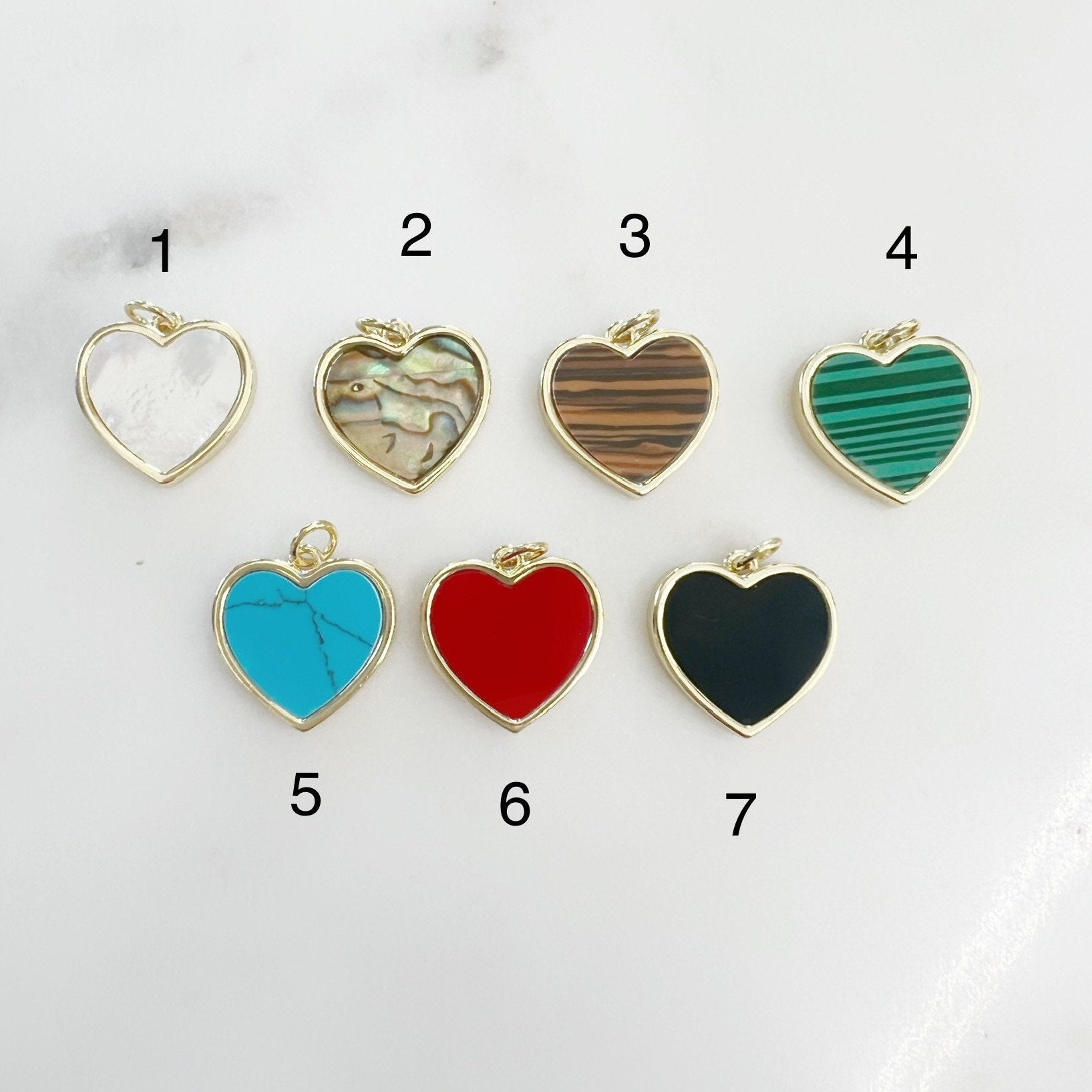 Gold Plated Heart Charm Mother of Pearl Abalone Faux Tiger's Eye
