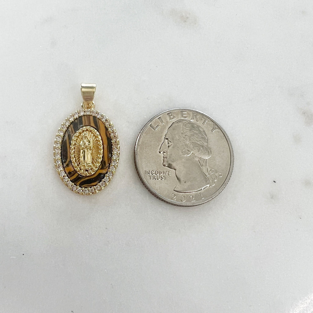 Gold Plated Detailed Mother Mary Faux Tigers Eye Cubic Zirconia