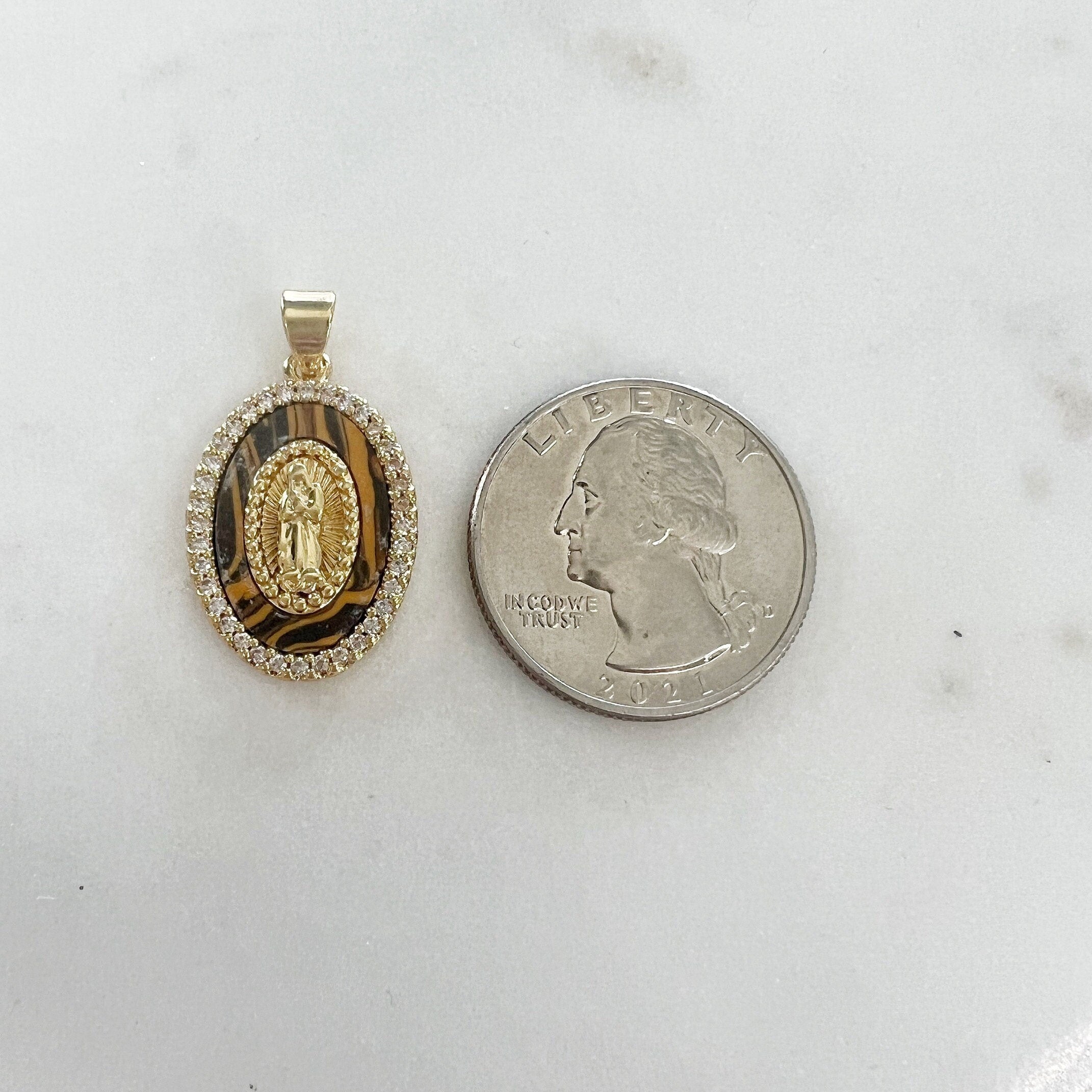 Gold Plated Detailed Mother Mary Faux Tigers Eye Cubic Zirconia