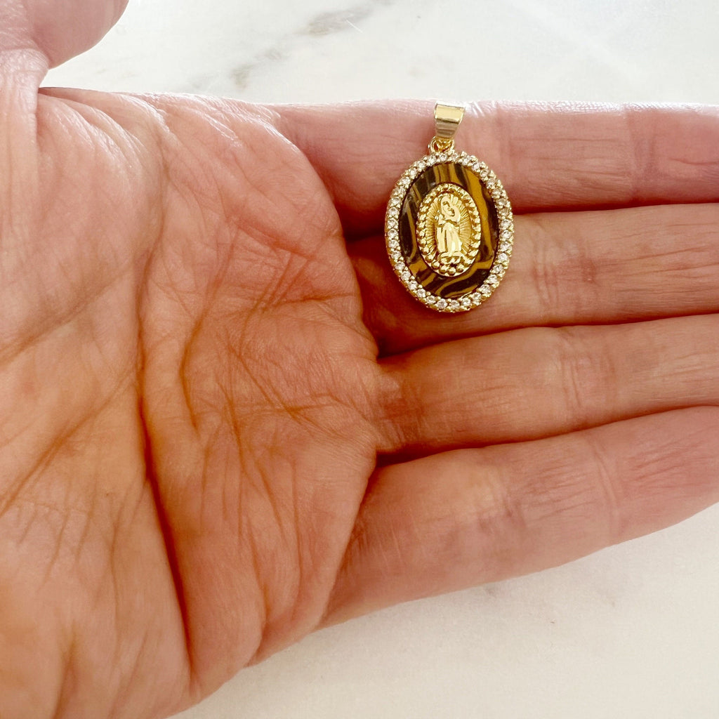 Gold Plated Detailed Mother Mary Faux Tigers Eye Cubic Zirconia