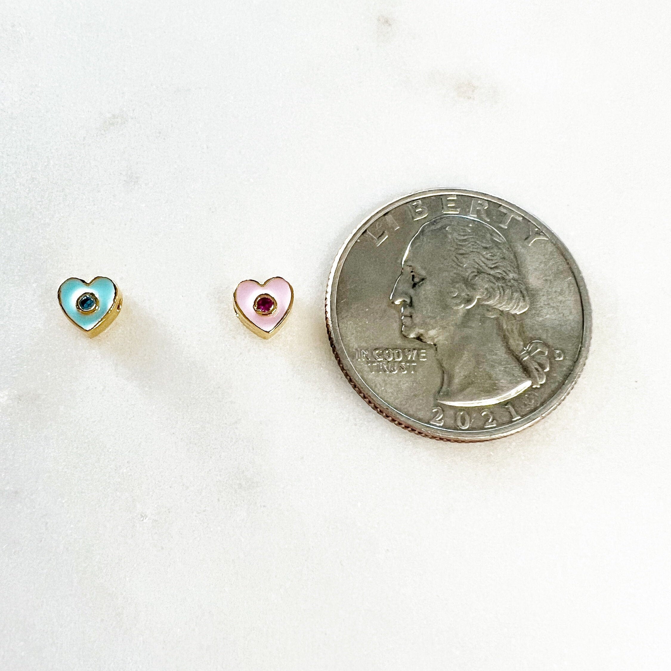 6mmx5mm Tiny Enamel CZ Heart Bead Baby Blue or Baby Pink Heart
