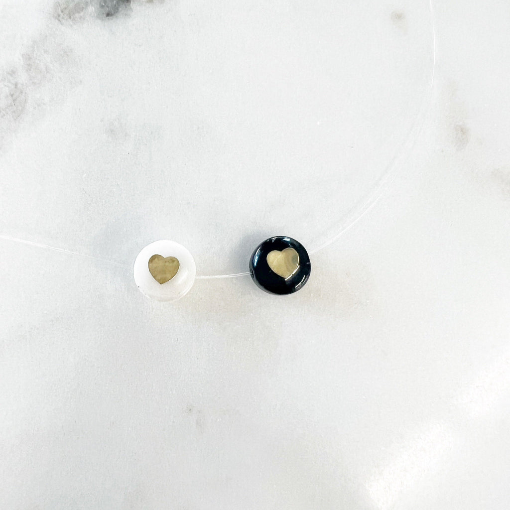 8mm Round Acrylic Bead with Gold Center Heart White Pearly