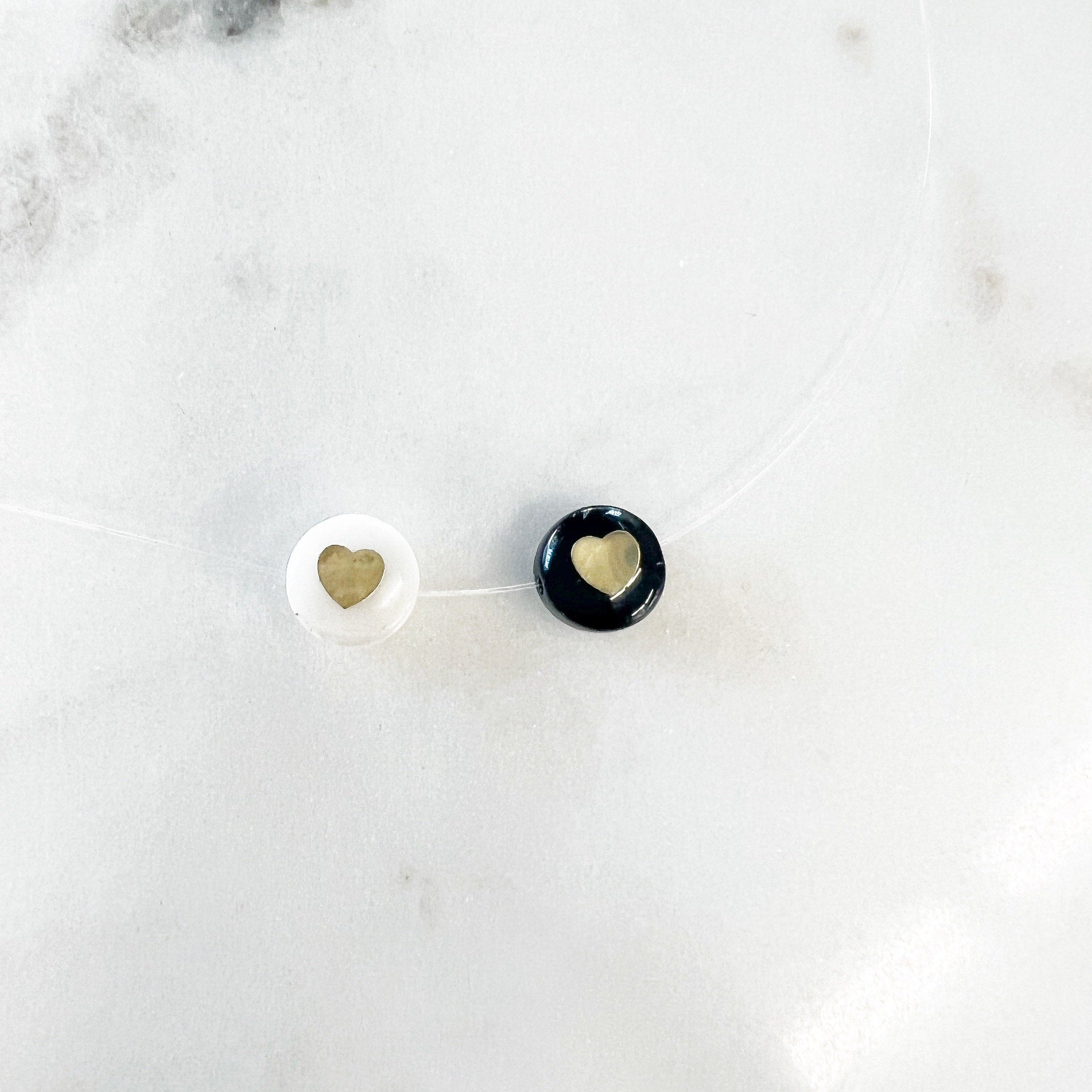 8mm Round Acrylic Bead with Gold Center Heart White Pearly