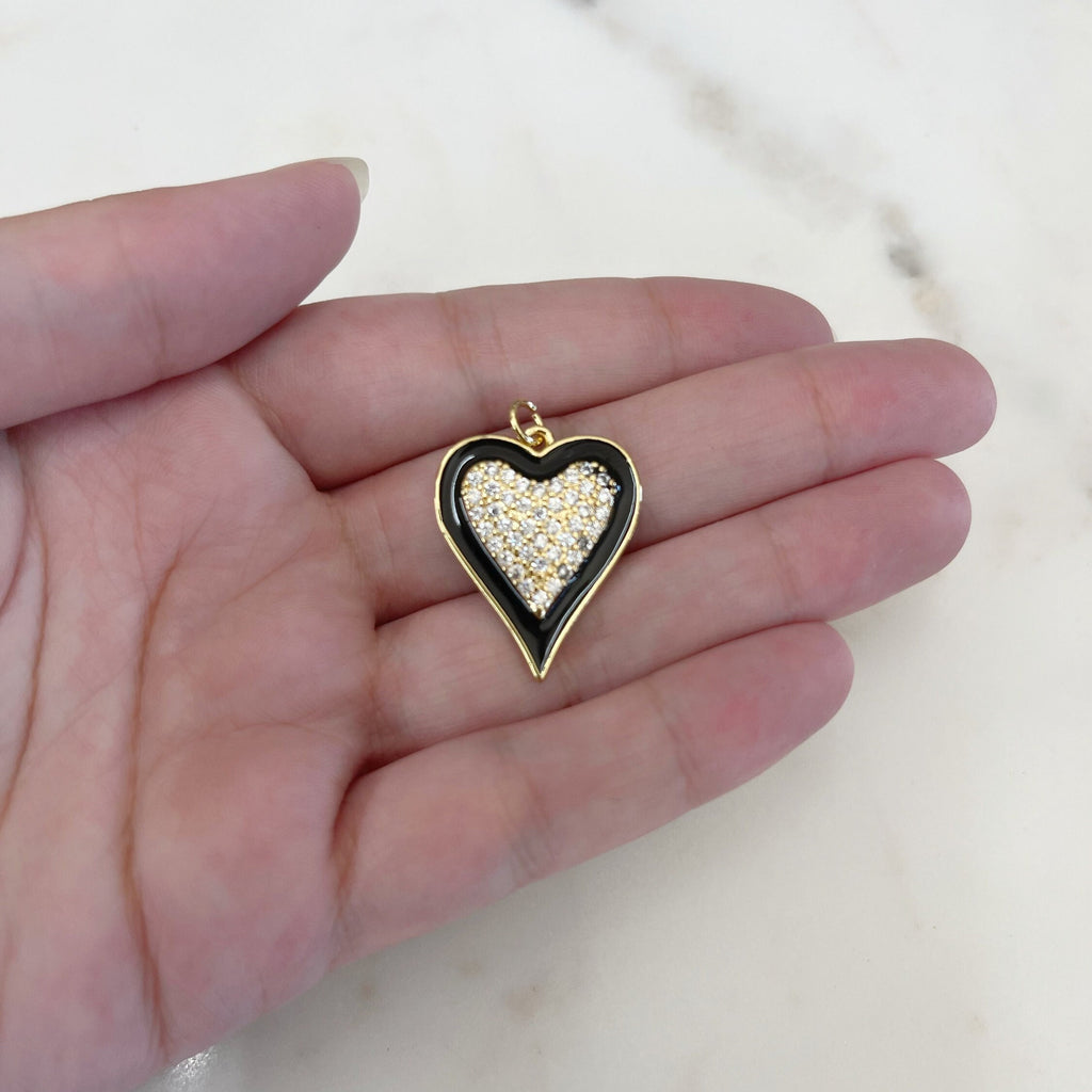 Gold Plated Heart Cubic Zirconia Black Enamel Detail Charm