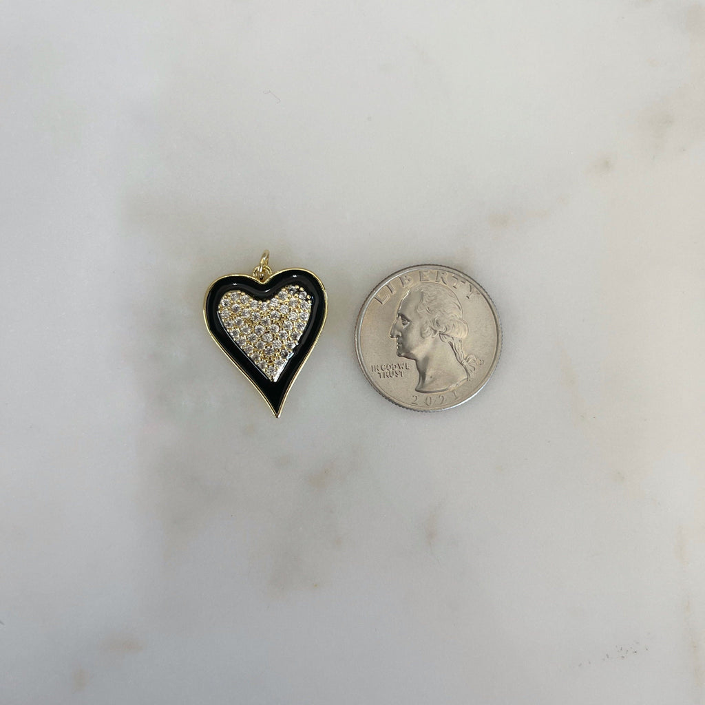 Gold Plated Heart Cubic Zirconia Black Enamel Detail Charm