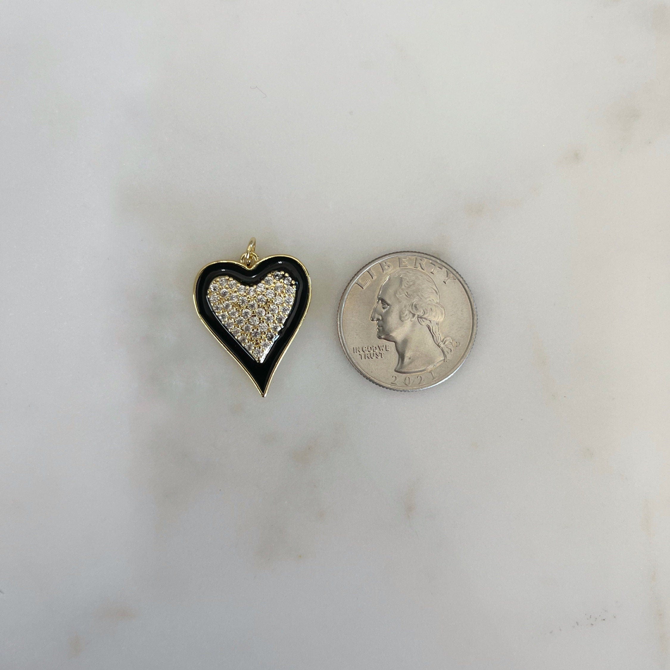 Gold Plated Heart Cubic Zirconia Black Enamel Detail Charm