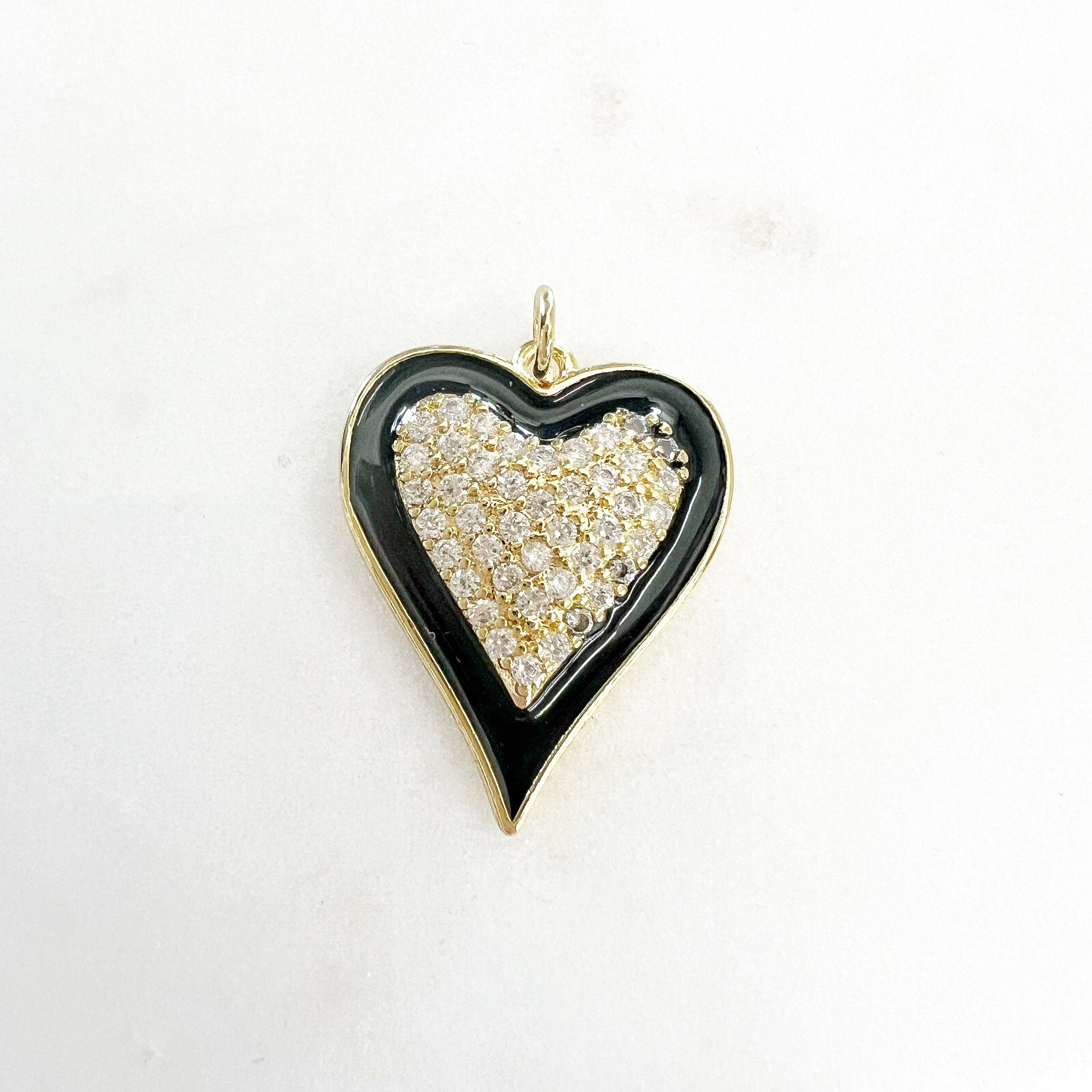 Gold Plated Heart Cubic Zirconia Black Enamel Detail Charm – Gold