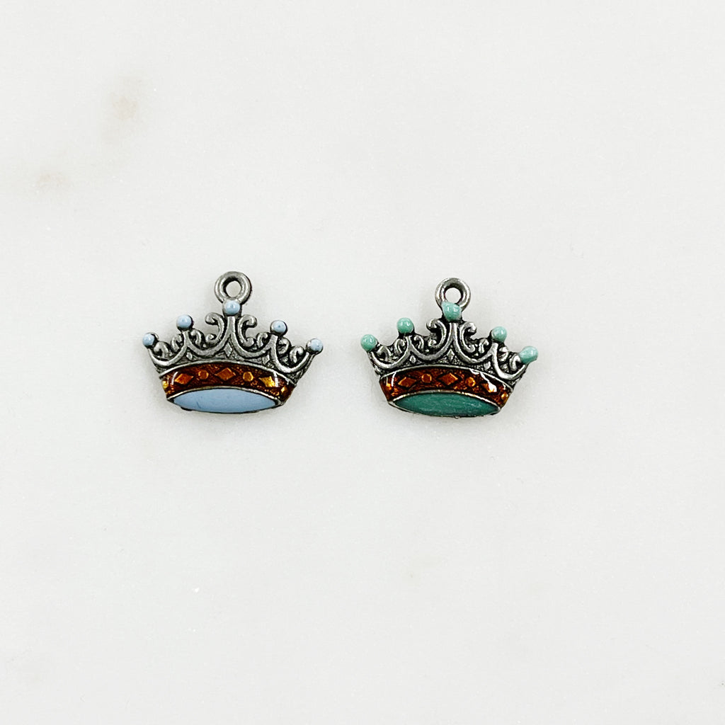 Pewter Silver Detailed Enamel Crown Charm with Loop in Pale