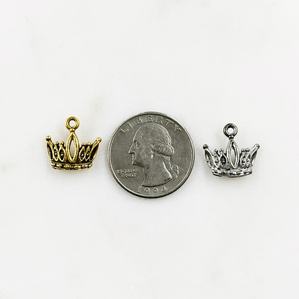 Pewter Small Detailed Crown Charm with Loop in Antique Gold (2pc)