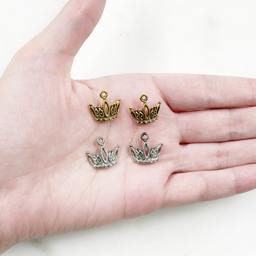 Pewter Small Detailed Crown Charm with Loop in Antique Gold (2pc)