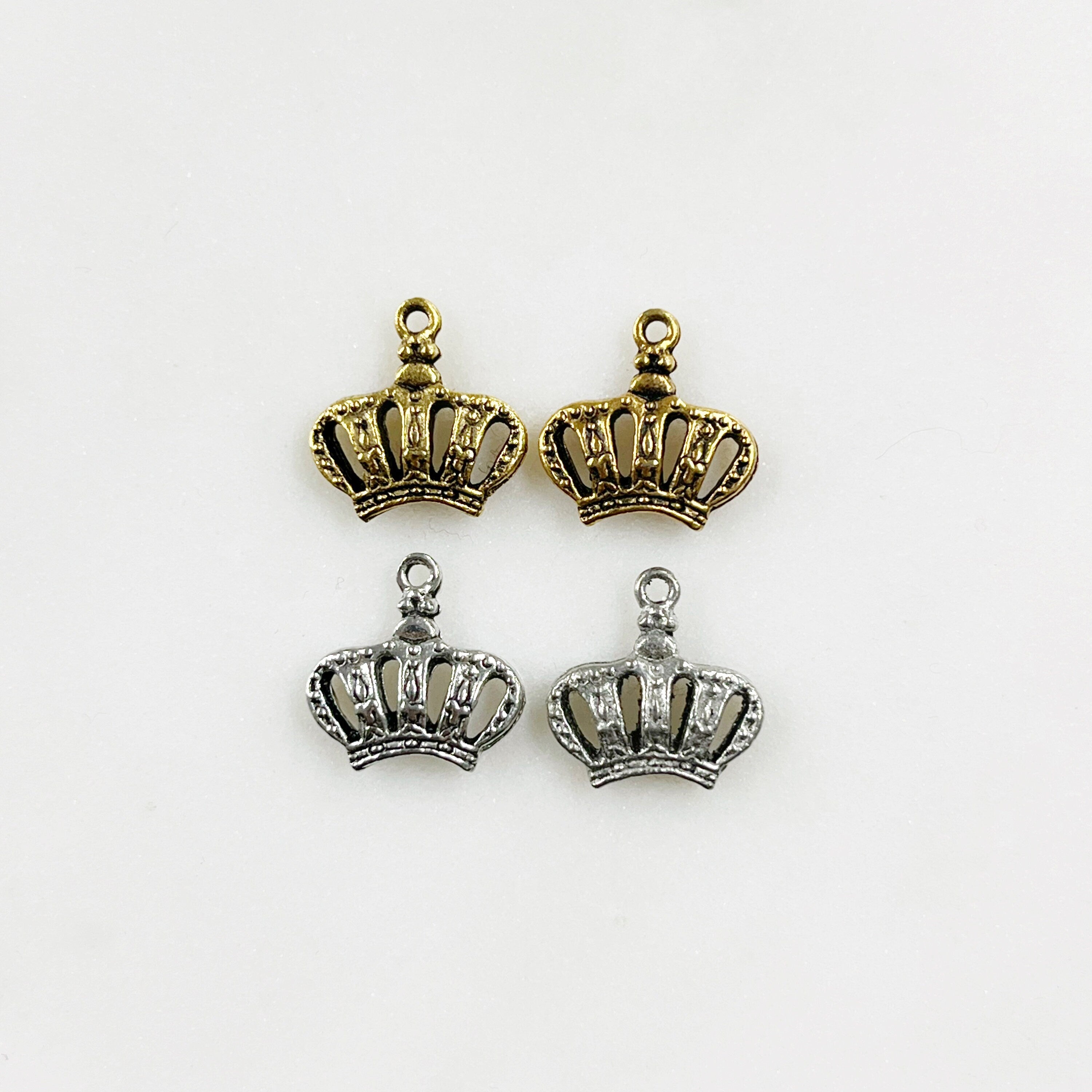 Pewter Small Textured Crown Charm with Loop in Antique Gold (2pc)
