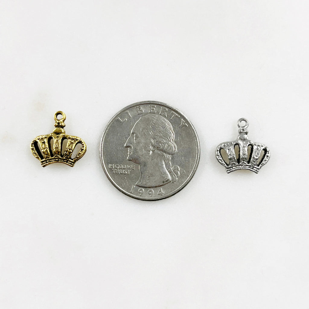 Pewter Small Textured Crown Charm with Loop in Antique Gold (2pc)