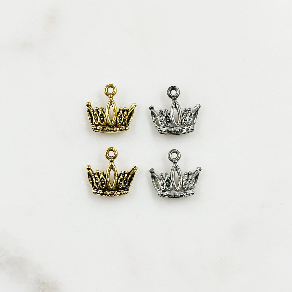 Pewter Small Detailed Crown Charm with Loop in Antique Gold (2pc)