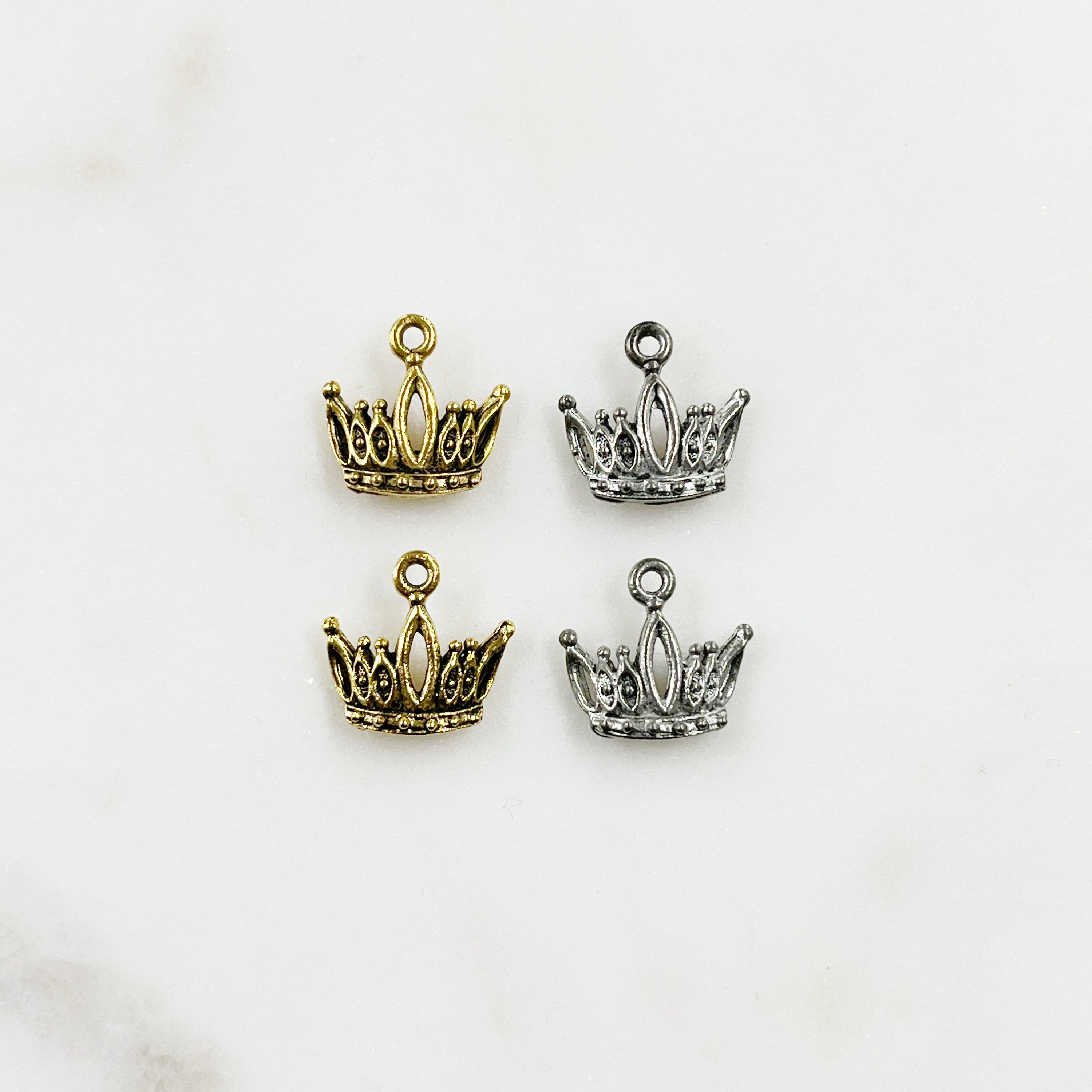 Pewter Small Detailed Crown Charm with Loop in Antique Gold (2pc)