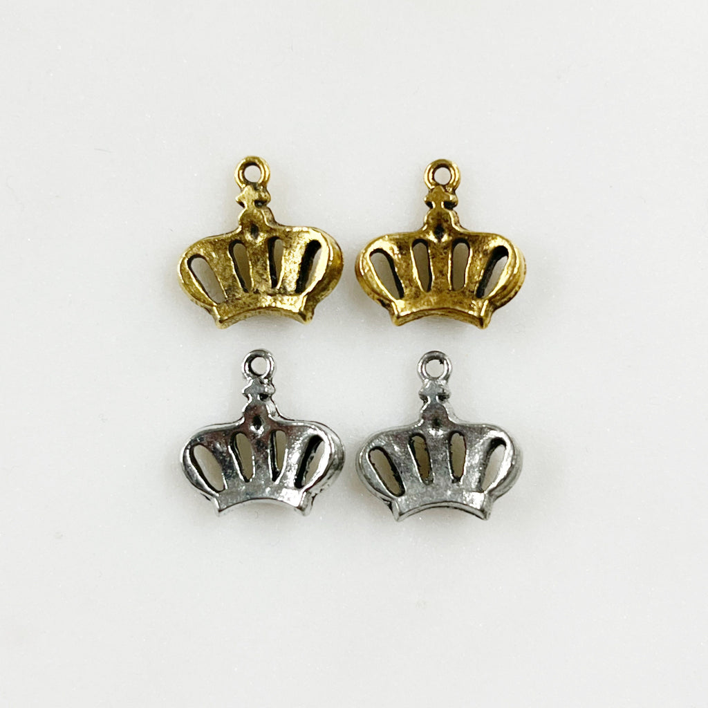 Pewter Small Textured Crown Charm with Loop in Antique Gold (2pc)