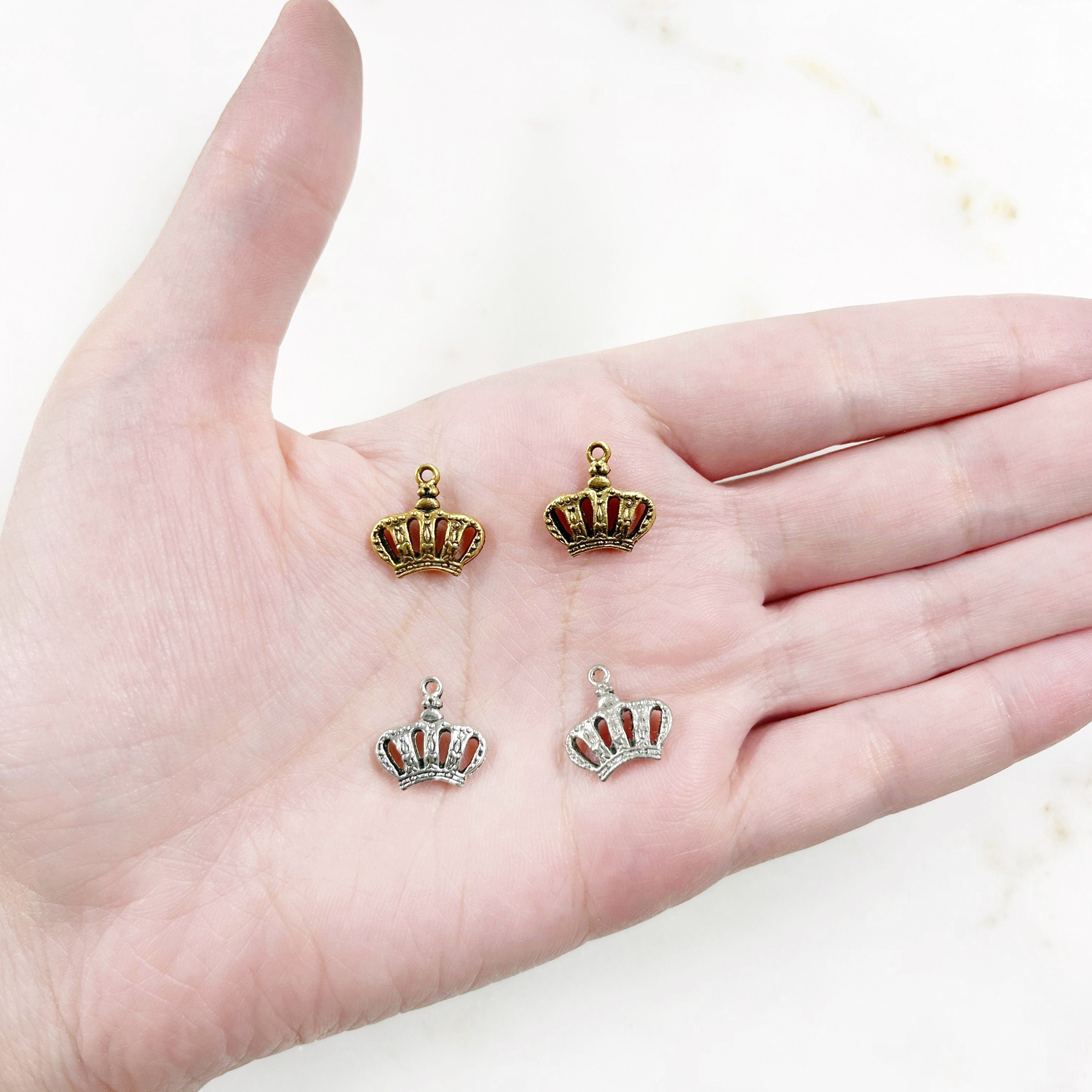 Pewter Small Textured Crown Charm with Loop in Antique Gold (2pc)